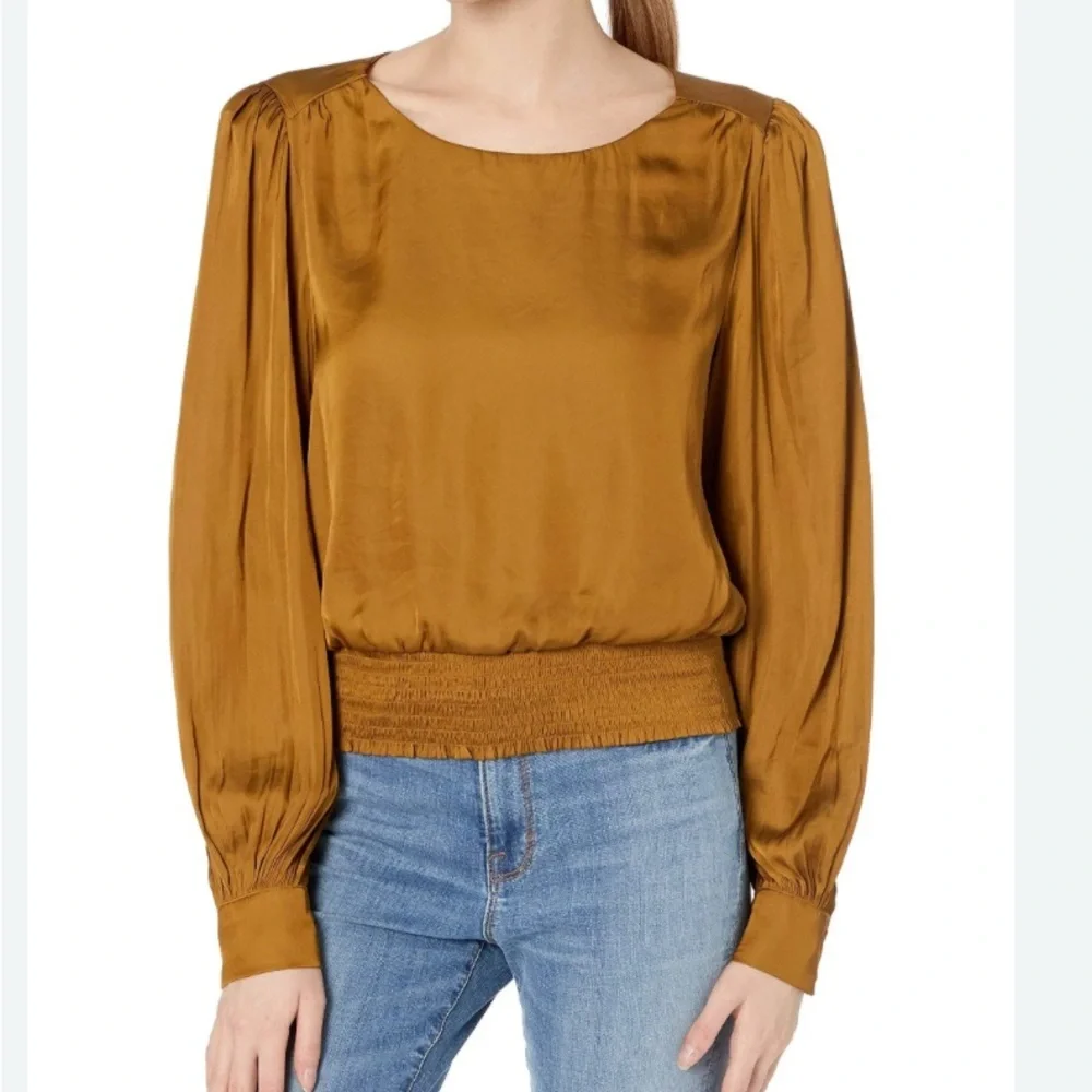 ASTR the Label Mustard Yellow Ruched Puff Sleeve Blouse, Women’s Small